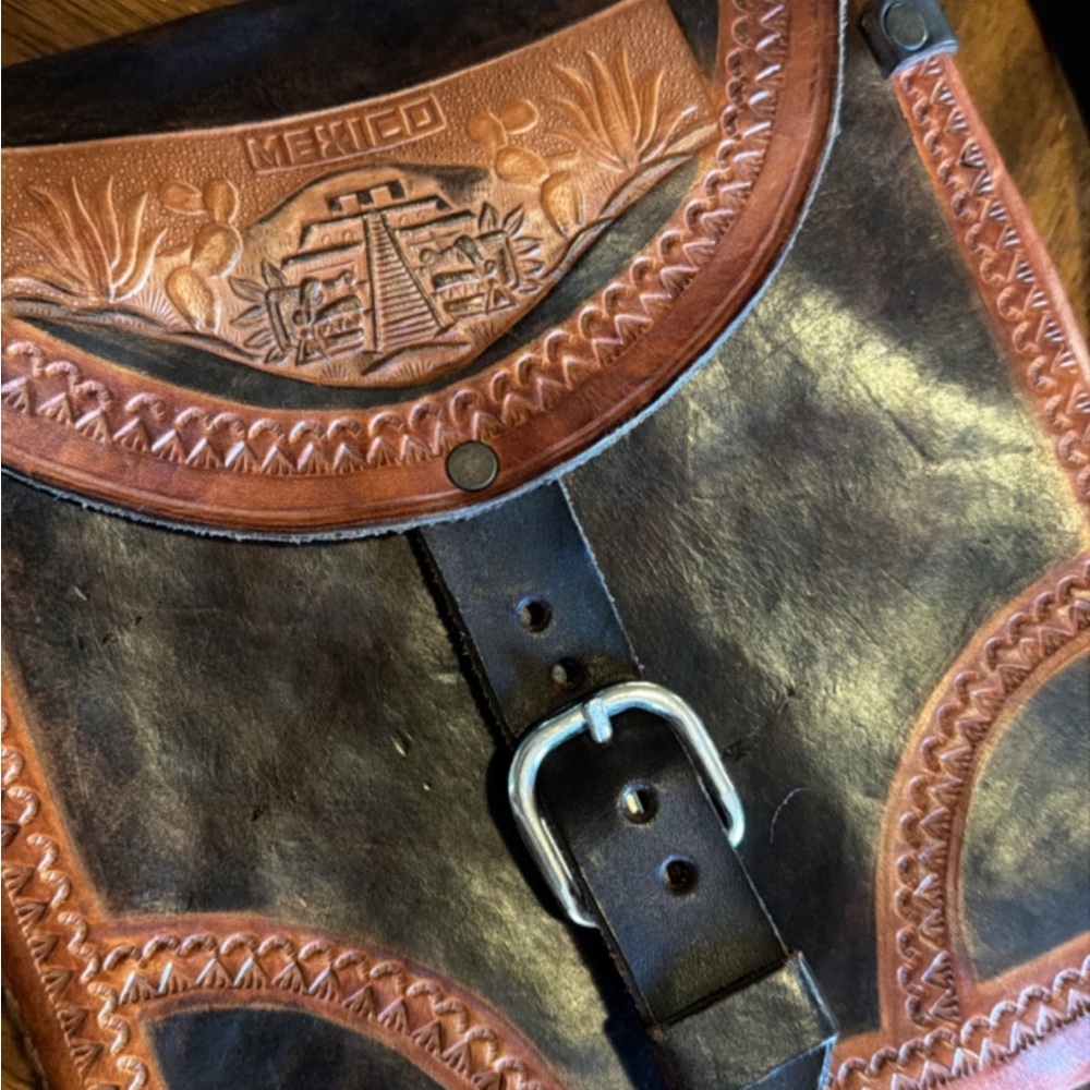 Hand-Tooled Mexican Leather Artisan Crossbody Satchel – Aztec Calendar